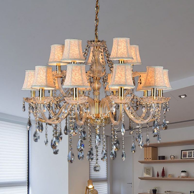 Armed Clear K9 Crystal Pendant Chandelier Rustic 6/8/10 Heads Beige Hanging Ceiling Light with Flared Fabric Shade
