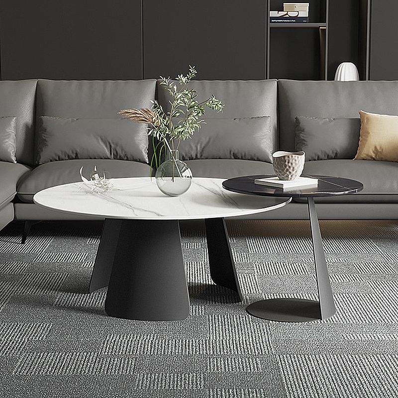 Modern Style Cocktail Table Slate Top Metal Base Round Coffee Table