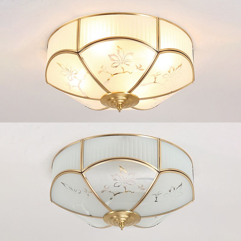 Gold Bowl Ceiling Light in Colonical Luxury Style Copper Flush Mount with Printing Glass Shade