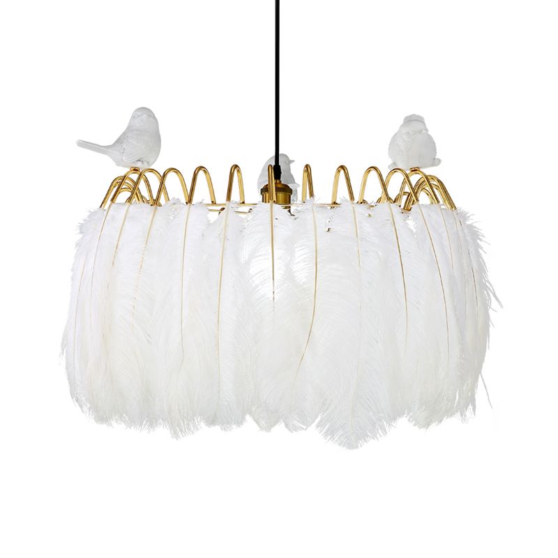 Suspension de tambour contemporain avec tissu d'oiseau 1 lampe suspendue blanche claire pour chambre à coucher