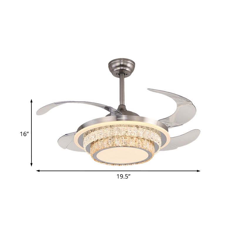 Silver LED 4-Blade Semi Flush Light Minimalist Crystal Tapered Cone Pendant Fan Lighting, 19.5" W