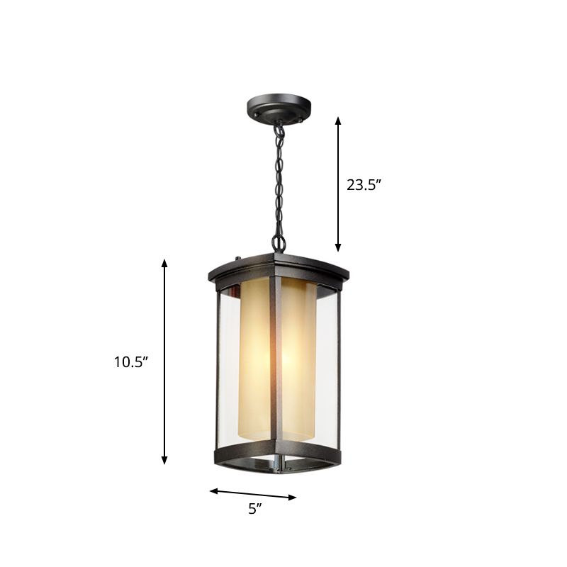 Luz colgante de rectángulo industrial Sombra de vidrio doble 1 luz colgante al aire libre en negro para el patio, 5 "/7"/8 "W