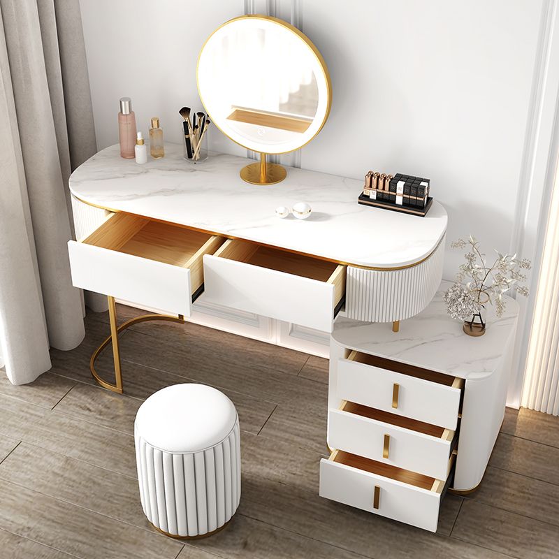 White Vanity Straight Feet Desk Stone Top Dressing Table Stool Set