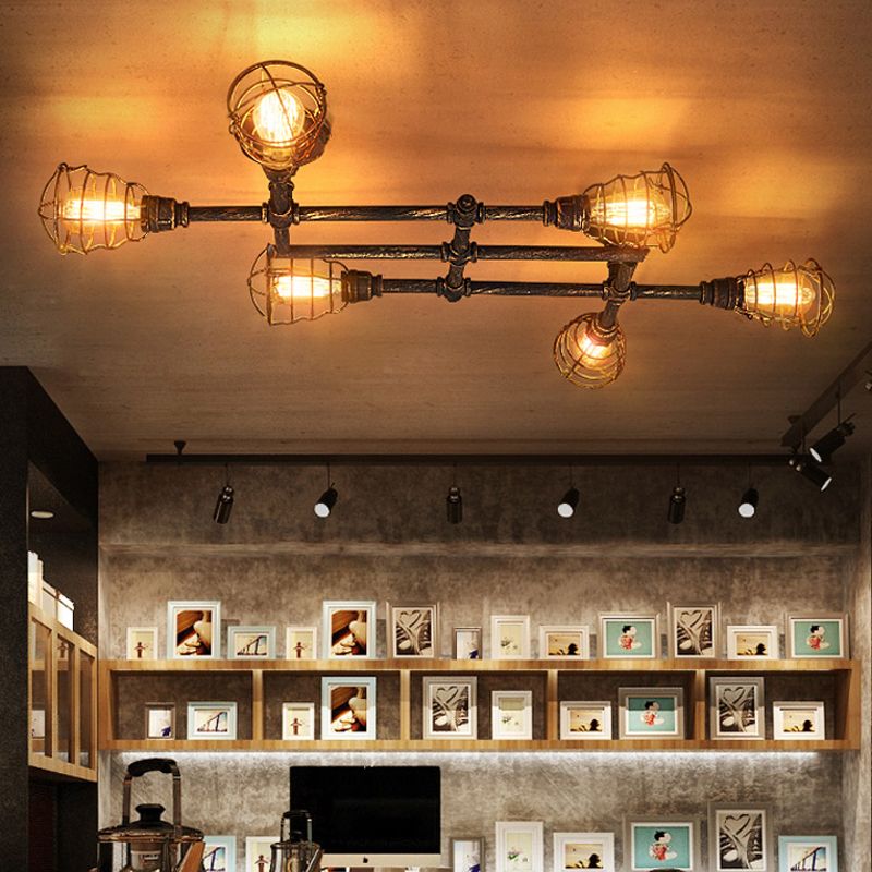 Industrial Intersecting Piping Ceiling Light 4/5/8 Heads Iron Semi Flush Mounted Light with Cage Guard in Brass