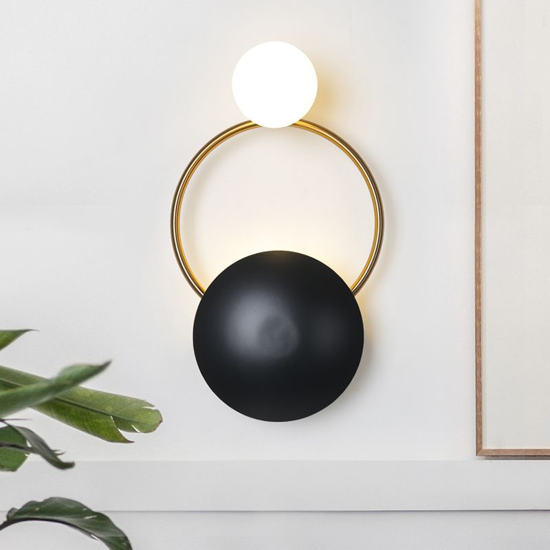 Postmodern Orbital Flush Mount Iron 2-Light Parlor Wall Sconce Light in Black-Gold with Orb Opal Glass Shade