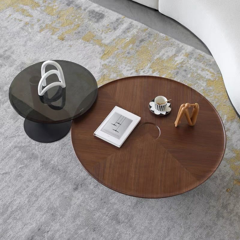 Modern Style Wood Walnut/black Top Stainless Steel Base Round Coffee Table