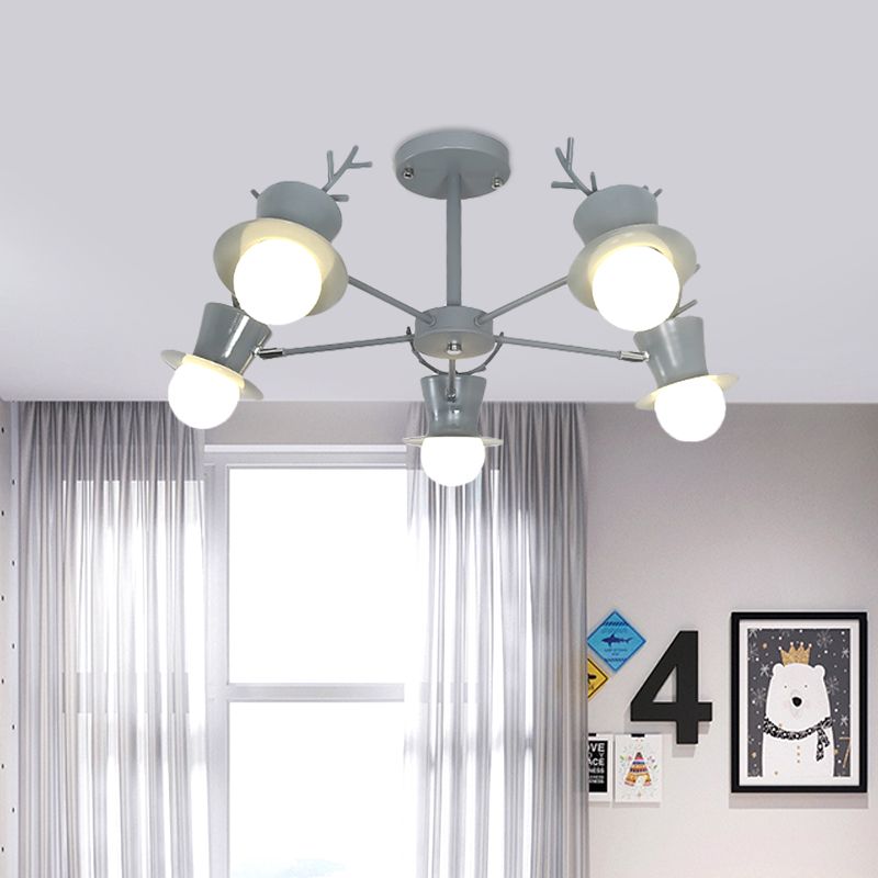 5/8-Head Sitting Room Chandelier Light Nordic Grey/Black Rotatable Hanging Lamp with Antler Cap Iron Shade