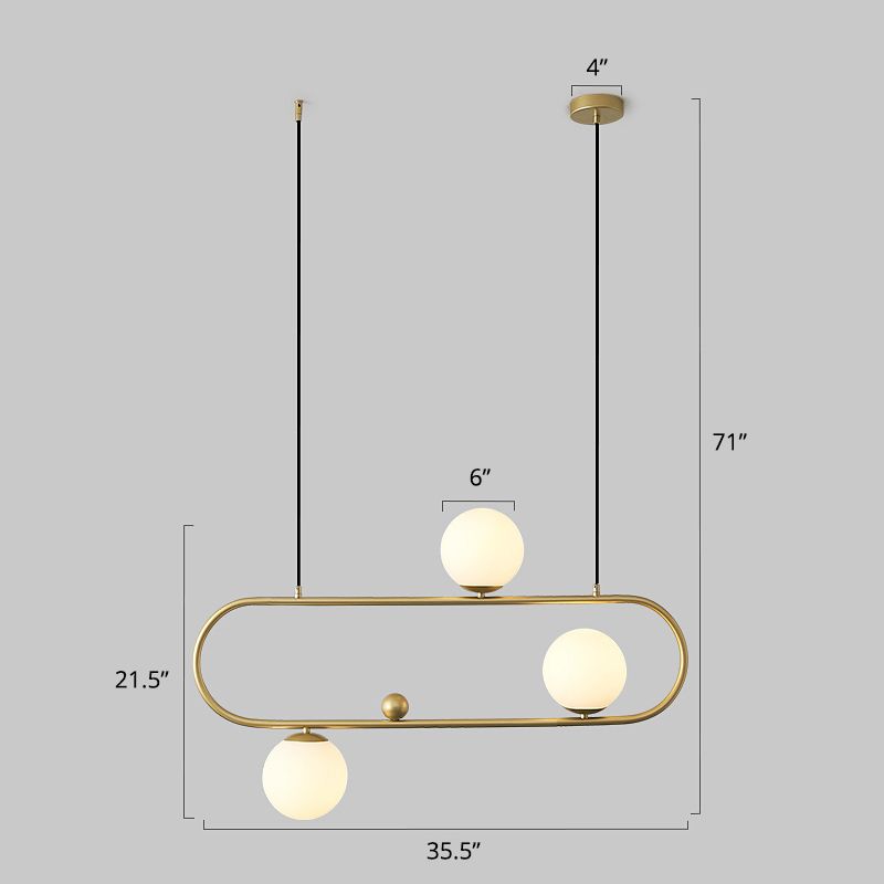 Metal Oblong Island Light Fixture Minimalist Suspension Lighting with Ball Milk Glass Shade