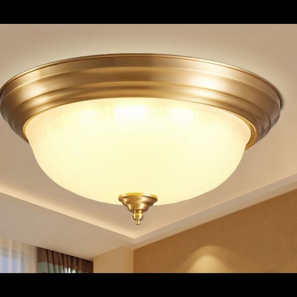 Flush Ceiling Light Traditional Domed White Glass Flush Mount Fixture in Brass for Bedroom