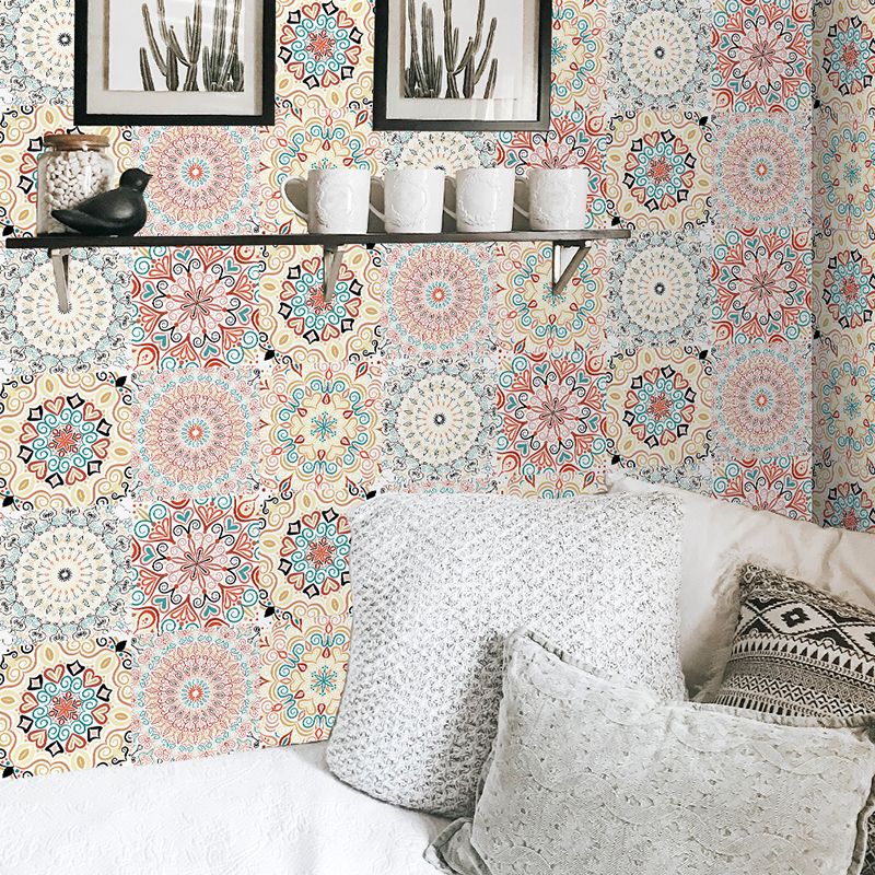 Pink Mandala Wallpaper Panel Set Peel and Stick Bohemian Style Washroom Wall Art