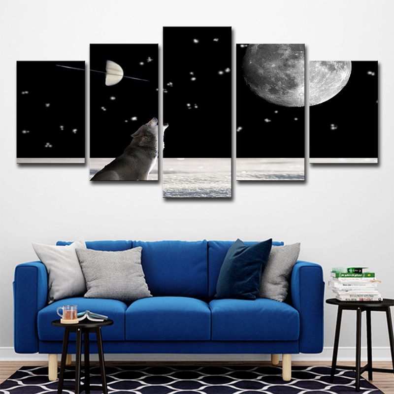 Wolf and Super Moon Art Print Living Room Cosmos Wall Decor in Black, Multi-Piece