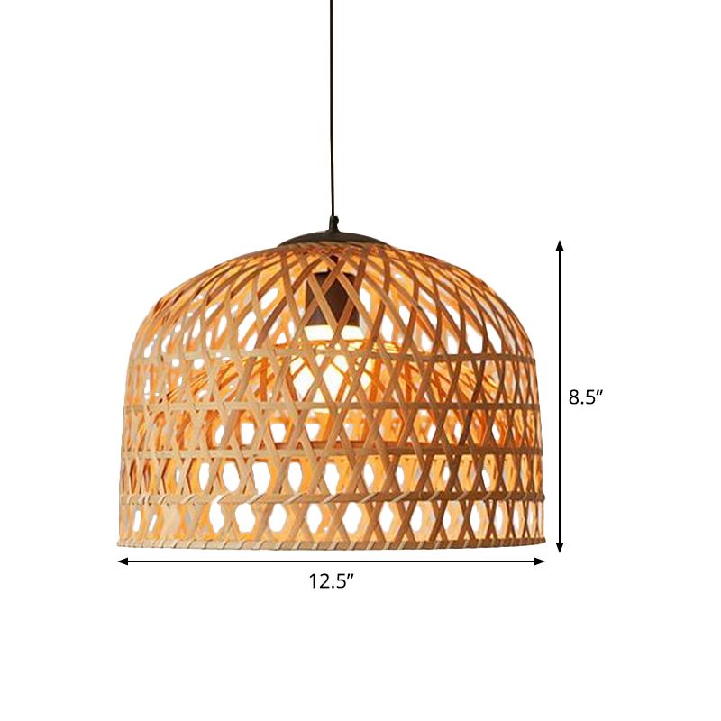 Asia 2-Layer Bowl Pendant Lighting Cross Woven Bamboo 1-Light Kitchen Ceiling Lamp in Beige
