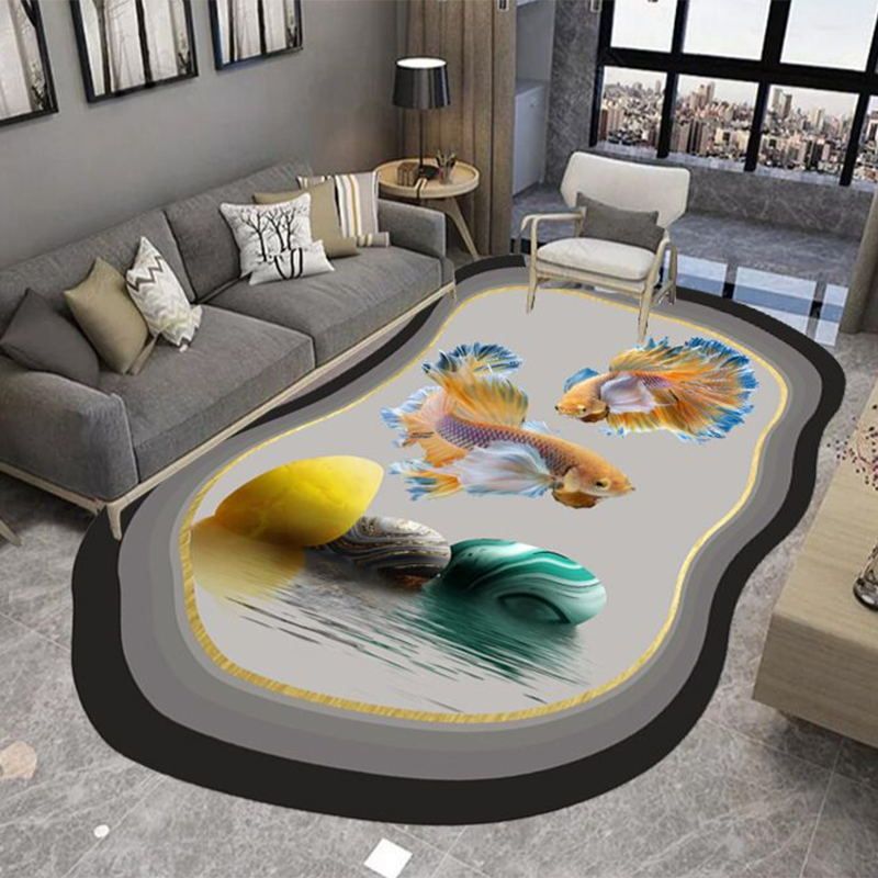 Gray Fish Print Indoor Rug Polyester Casual Rug Washable Area Rug for Indoor Room