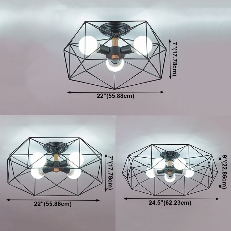 Industrial Flush Light Fixtures Cage-Shaped Iron Flush Mount Lamps for Bedroom