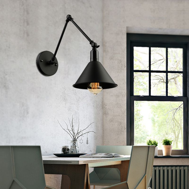 1 Kopfwandlampe mit konischer Schatten und Schwung Arm Metallic Loft Style Innenleuchte in Schwarz/Weiß