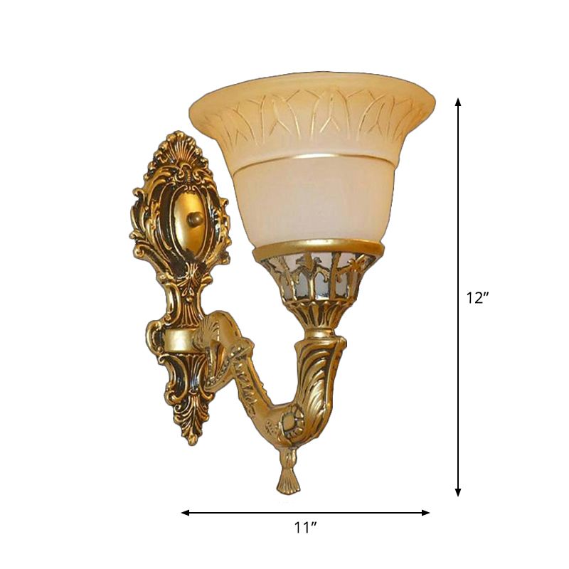 Traditional Bell Wall Mounted Light 1 Head Frosted Glass Sconce Lighting with Carved Arm in Brass