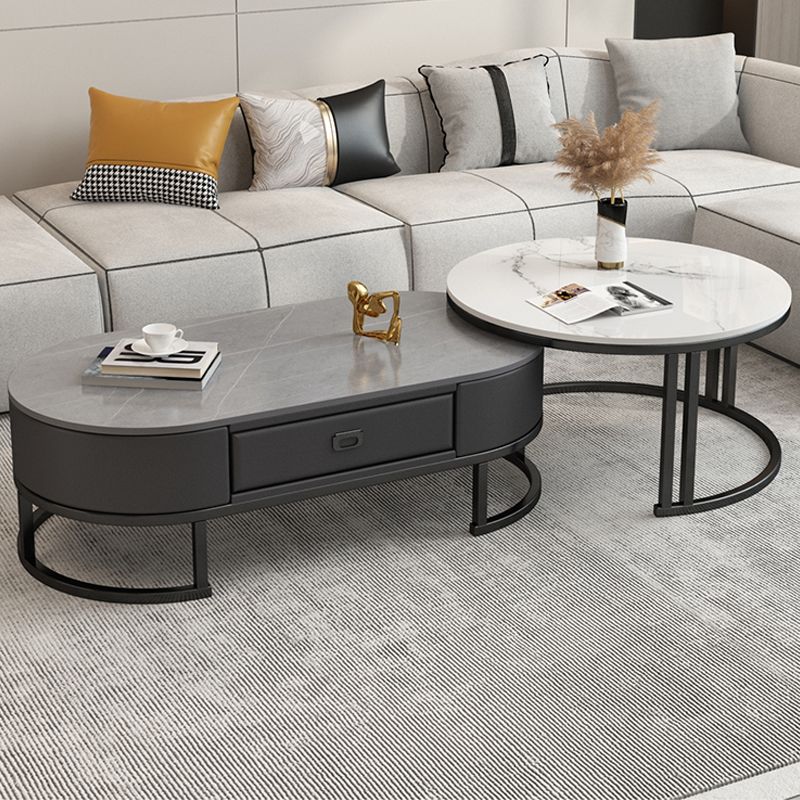 Glam Nesting Coffee Table Set Frame Round Slate Coffee Table with Drawer