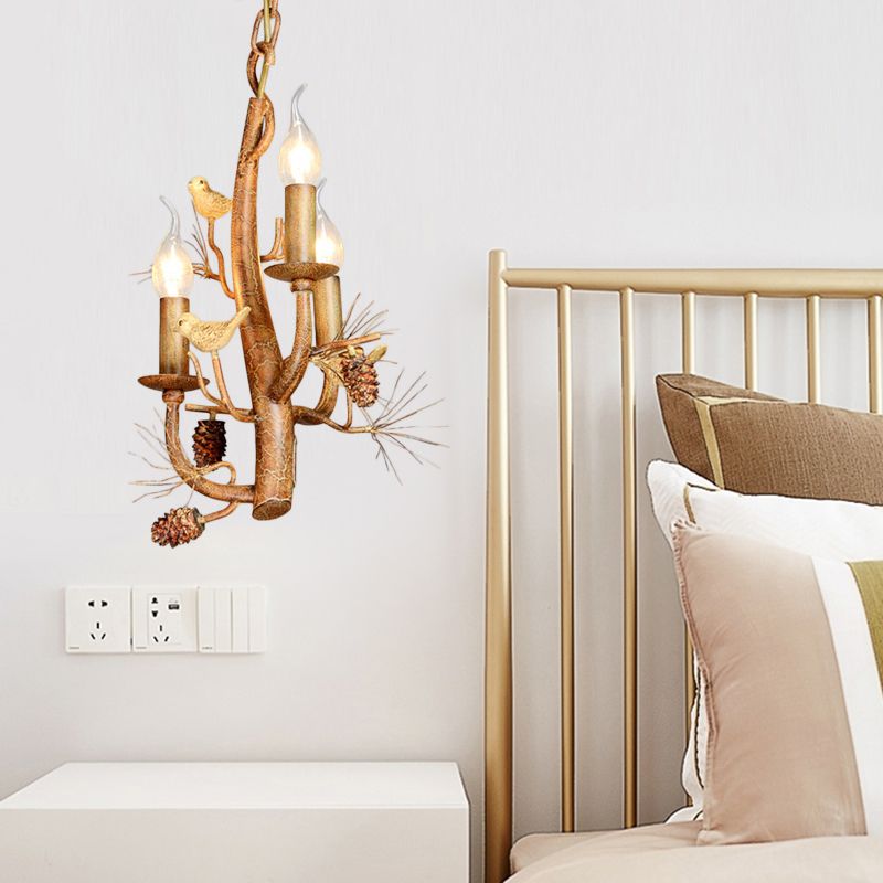Candle Dining Room Ceiling Chandelier Rustic Metal 3/5 Lights Wood Hanging Fixture with Branch and Birds