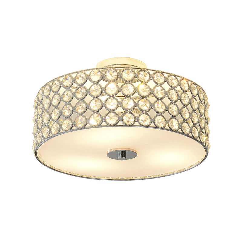 Crystal Drum Ceiling Flush Light Contemporary 3 Lights White Bedroom Flush Mount Lamp