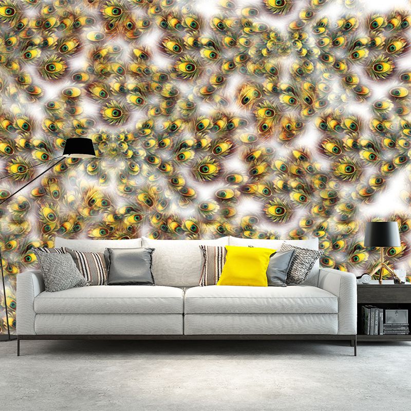 Contemporary Feather Mural Decal Non Woven Decorative Yellow and Green Wall Decor for Kitchen