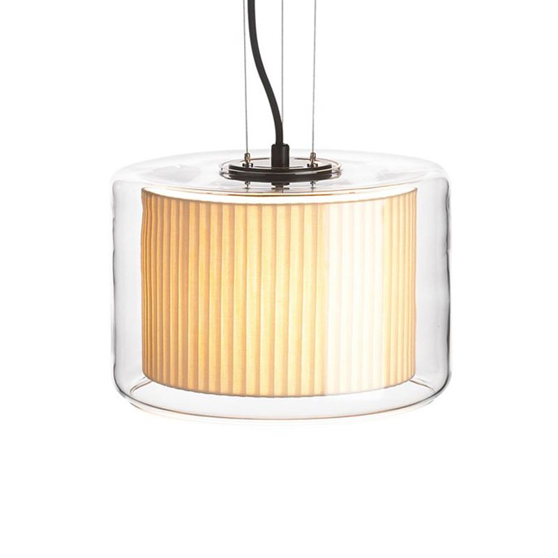 Gathered Fabric Drum Pendant Lamp Modern 1 Light Beige Pendulum Light with Exterior Transparent Glass Shade