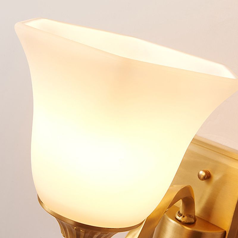 Brass Curved Arm Wall Light Modernism Style Metal 1/2-Light Bedside Wall Sconce Lamp with Opal Glass Bell Shade