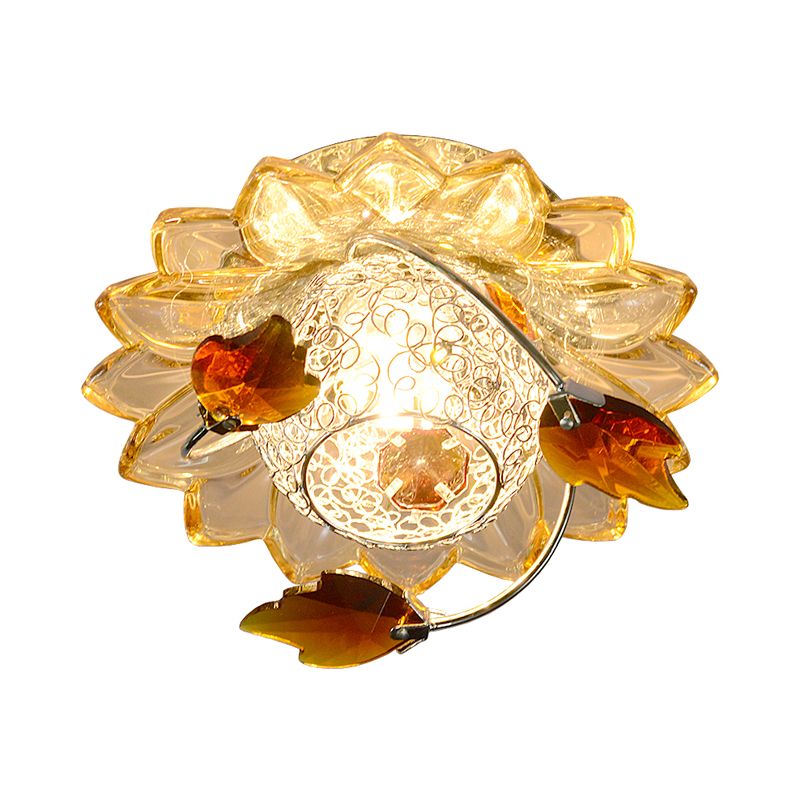 Globe Flush Mount Fixture Modern Metal 1 Bulb Blue/Tan Ceiling Light in Warm/White Light with Crystal Maple Leaf Deco