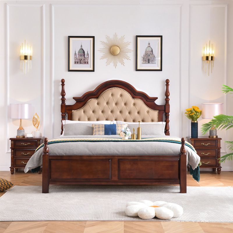 Brown Wood King Bed Tufted Nailhead Upholstered Bed Frame with Headboard