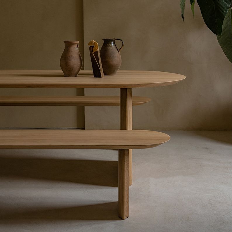Pine Wood Top Dining Table Modern Oval Table with Sled Base in Brown