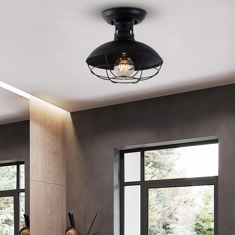Wire Cage Ceiling Mounted Fixture Retro Style Black Metal Semi Flush Mount Light