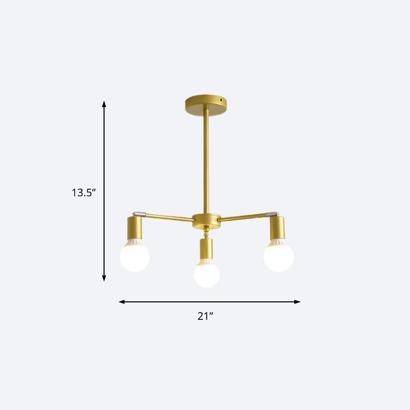 Modern Radial Metal Chandelier 3/4/6 Lights Hanging Ceiling Light in Gold for Bedroom with Bare Bulb