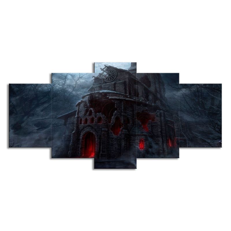 Dreary Night Castle Canvas Art House Interior Halloween Wall Decoration in Black