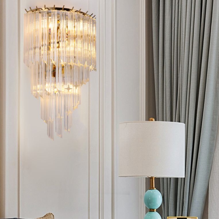 Gold Stagger Wall Sconce in Modern Luxury Style Wrought Iron 4-Light Wall Lamp with Crystal Shade