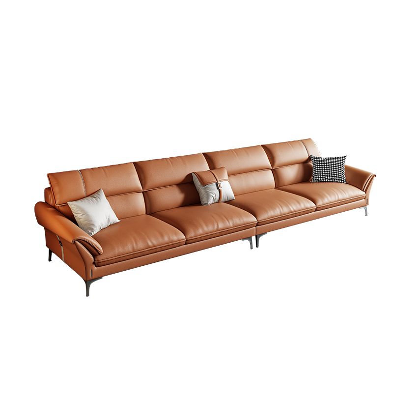 Contemporary Tan Leather Sectional Pillow Top Arm Sofa and Chaise for Living Room