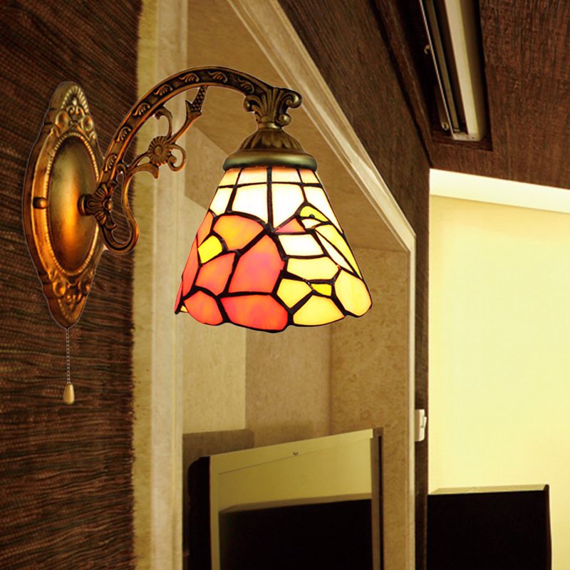 Dining Room Floral Wall Sconce Stained Glass One Light Tiffany Rustic Sconce Light in Antique Brass