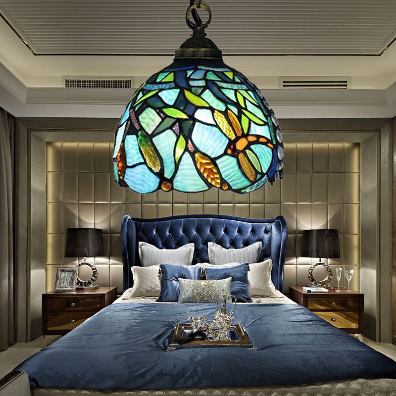 Domed Hanging Lamp 1 Head Aqua Hand Cut Glass Mediterranean Hanging Pendant Light with Dragonfly Pattern