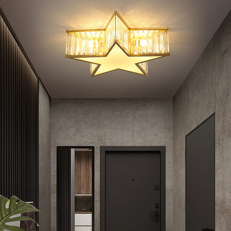 Lustre en cuivre et or style colonial Vintage Crystal Star 4 lumières encastré chambre à coucher