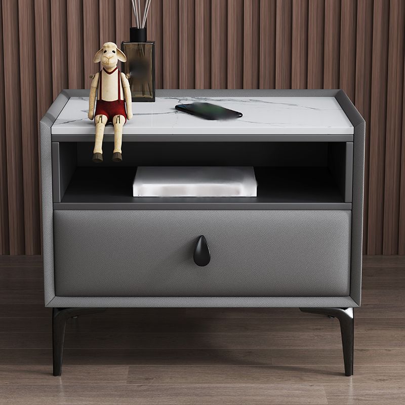 1-Drawer Storage 20'' Tall Nightstand Open Storage Stone Top Solid Wood Night Table