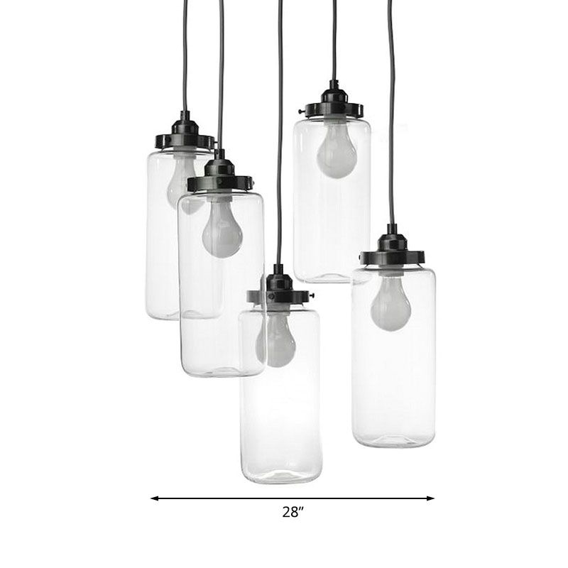 Schwarzer Zylinder Multi-Anhänger mit runden Baldachin Industrial Clear Glass 5-Light-Café-Hänge-Deckenleuchte