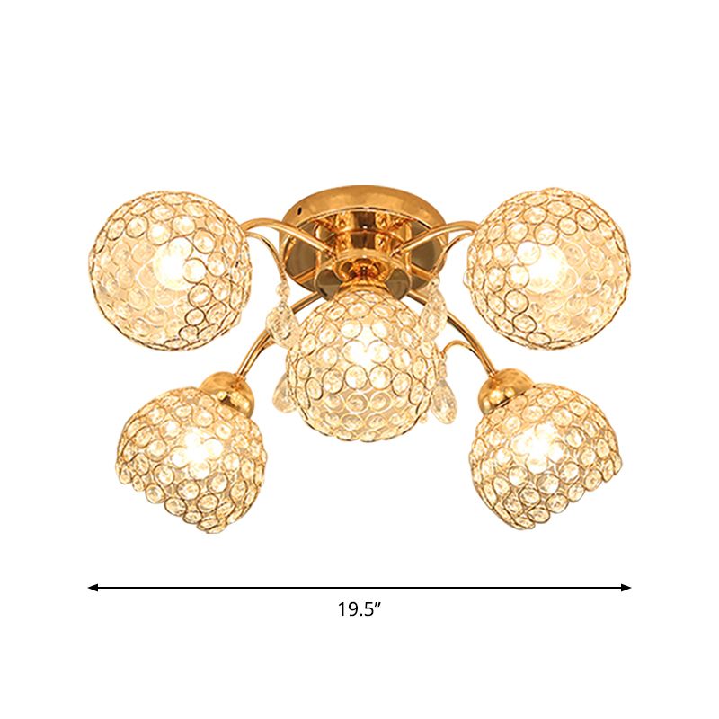 5 Heads Semi Flush Mount with Spherical Crystal Traditional Bedchamber Ceiling Mount