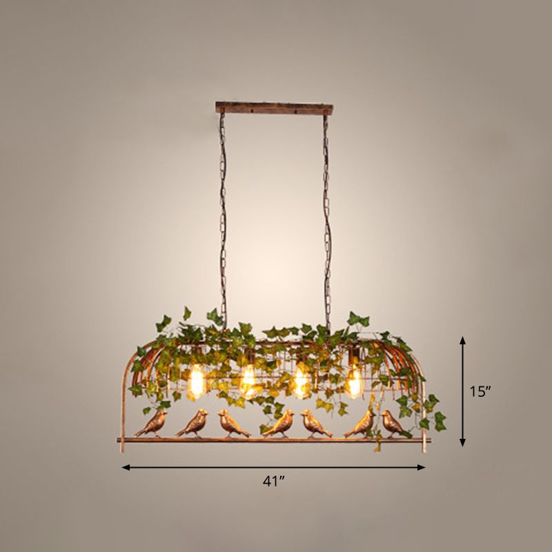 Island Ceiling Light Rural Birdcage Cast Iron Hanging Light Fixture with Bird and Leaf Deco