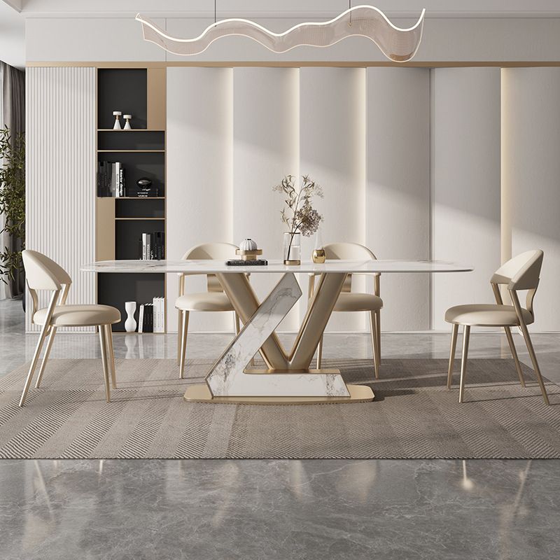 Glam Rectangle Dining Table Sintered Stone Table with Metal Legs for Kitchen