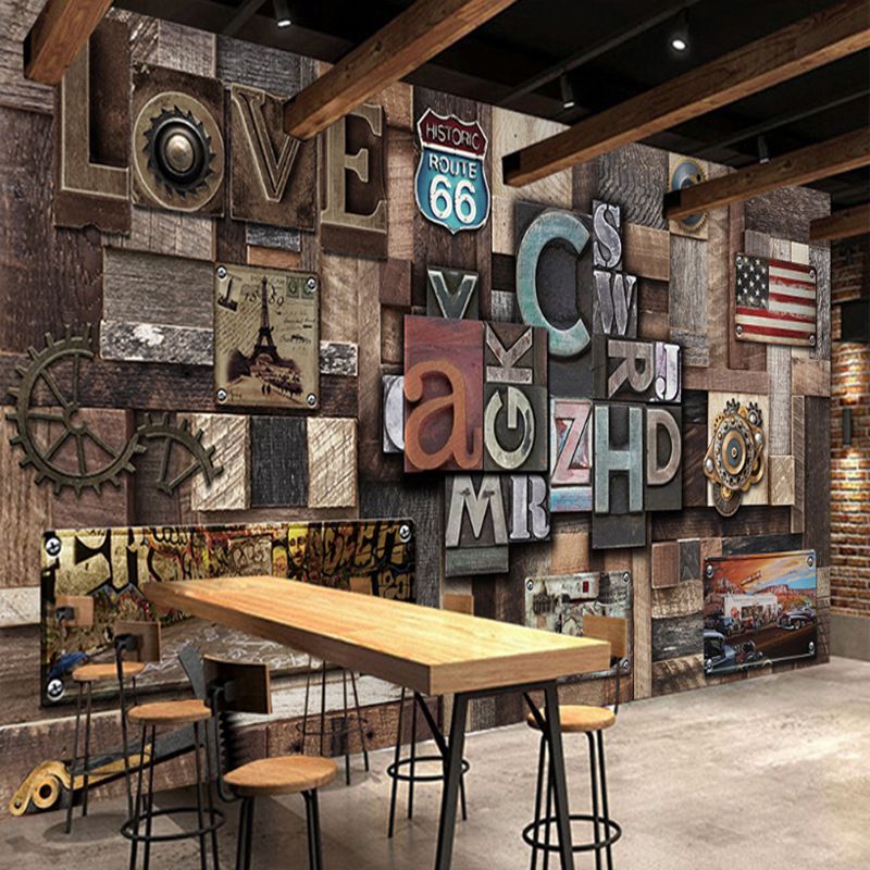Extra Large Faux Wood Mural Steampunk Novelty Wall Covering in Dark Brown, Custom Size Available