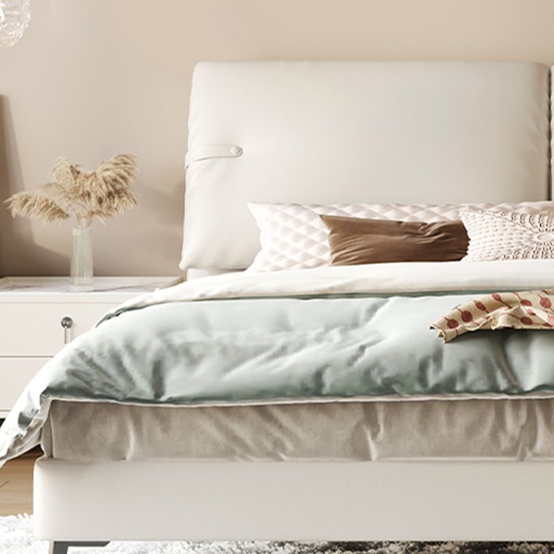 Modern Genuine Leather Bed Frame Pine Wood Panel Bed with Upholstered Headboard