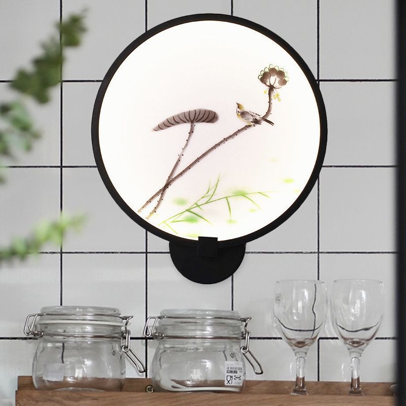 Chinese Ink House/Lotus Mural Light Acrylic Bedroom LED Circle Wall Sconce Light in Black