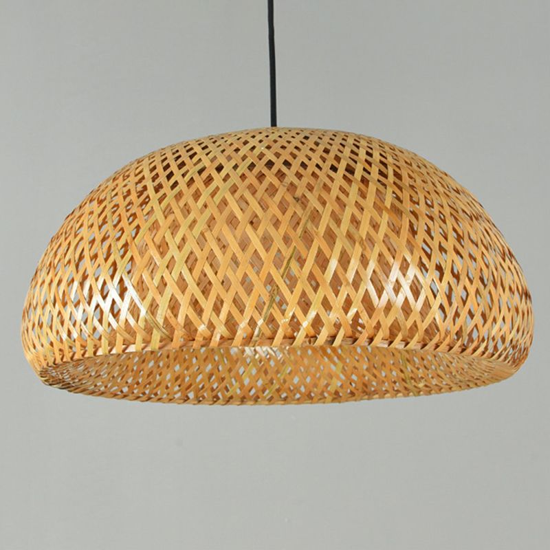 Asian Weaving Style Curved Drum Pendant Lighting Fixtures Rattan 1 Light Suspension Pendant