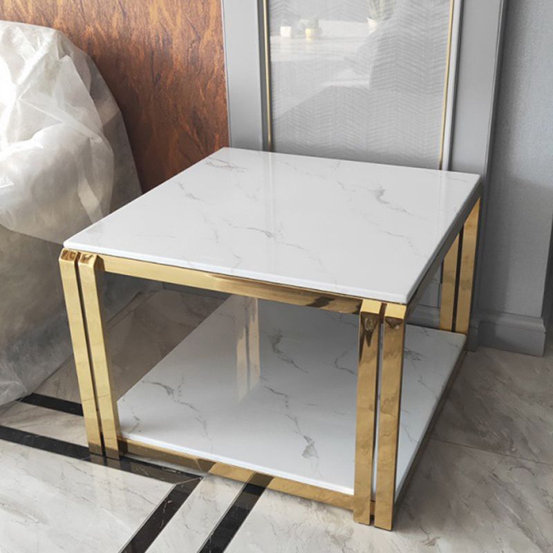 Square Stainless Steel Block End Table Modern Marble Top Corner Table Storage Side Table
