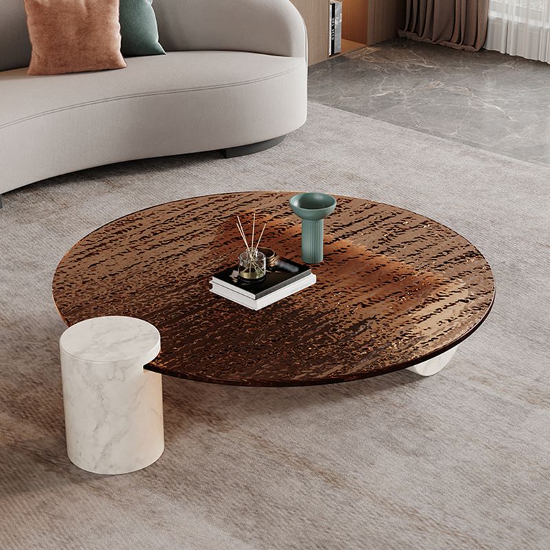 Modern Marble 2 Legs Coffee Table Round Glass Top Cocktail Table in Clear
