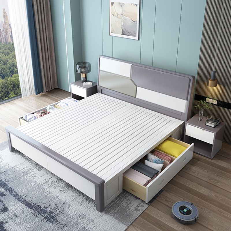 43.3" Tall Solid Wood Panel Bed Contemporary Bed Frame with Headboard