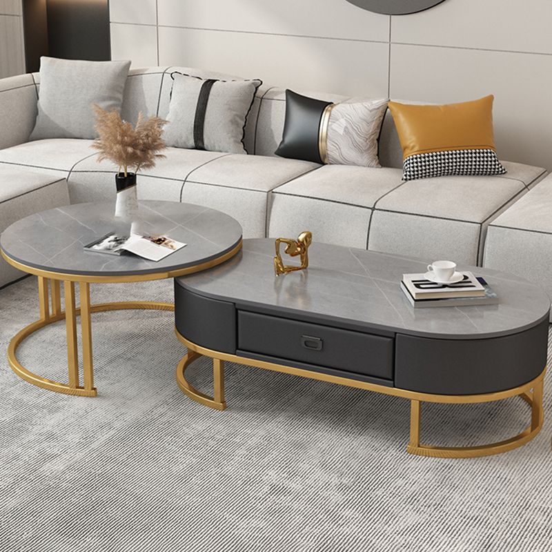 Glam Nesting Coffee Table Set Frame Round Slate Coffee Table with Drawer
